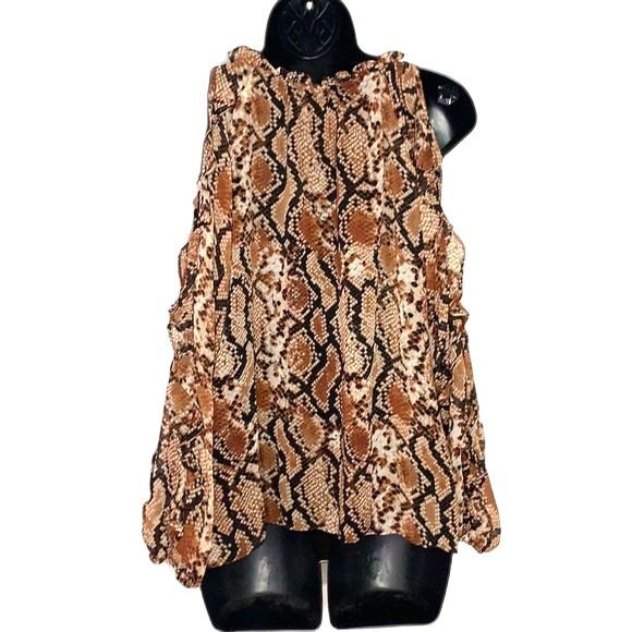 1. State Serene Snake Print Ruffled Cold Shoulder Blouse Brown Black Size Small - Picture 3 of 11